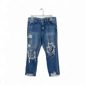 KanCan Distressed High Rise Mom Jeans 100% Cotton Raw Hem Med Wash Size 9/28